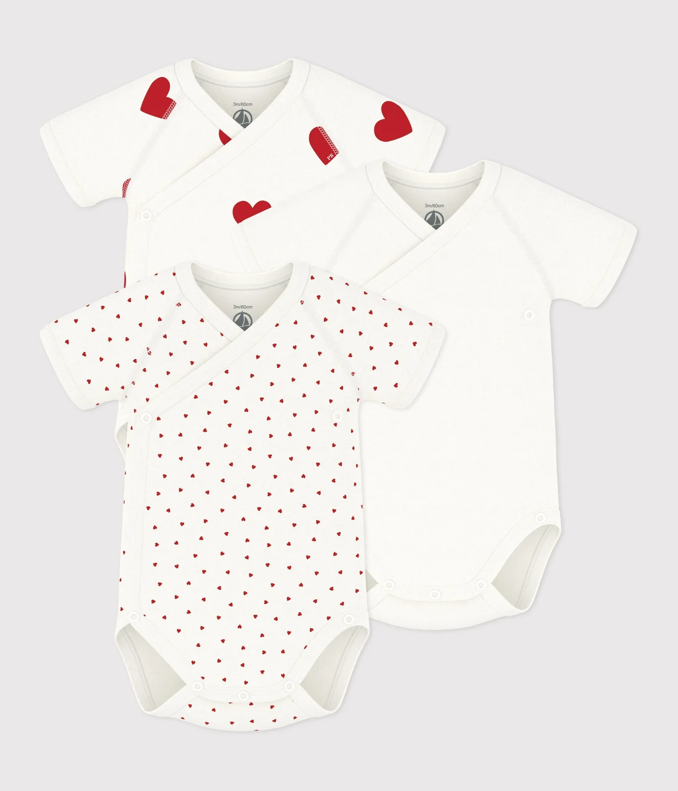 Babies' heart patterned short-sleeved wrapover cotton bodysuits - 3-Pack