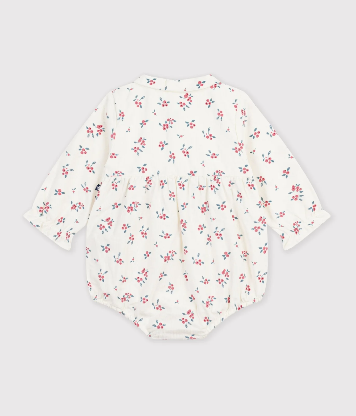 Short baby romper in fine velvet, with a blueberry print collar